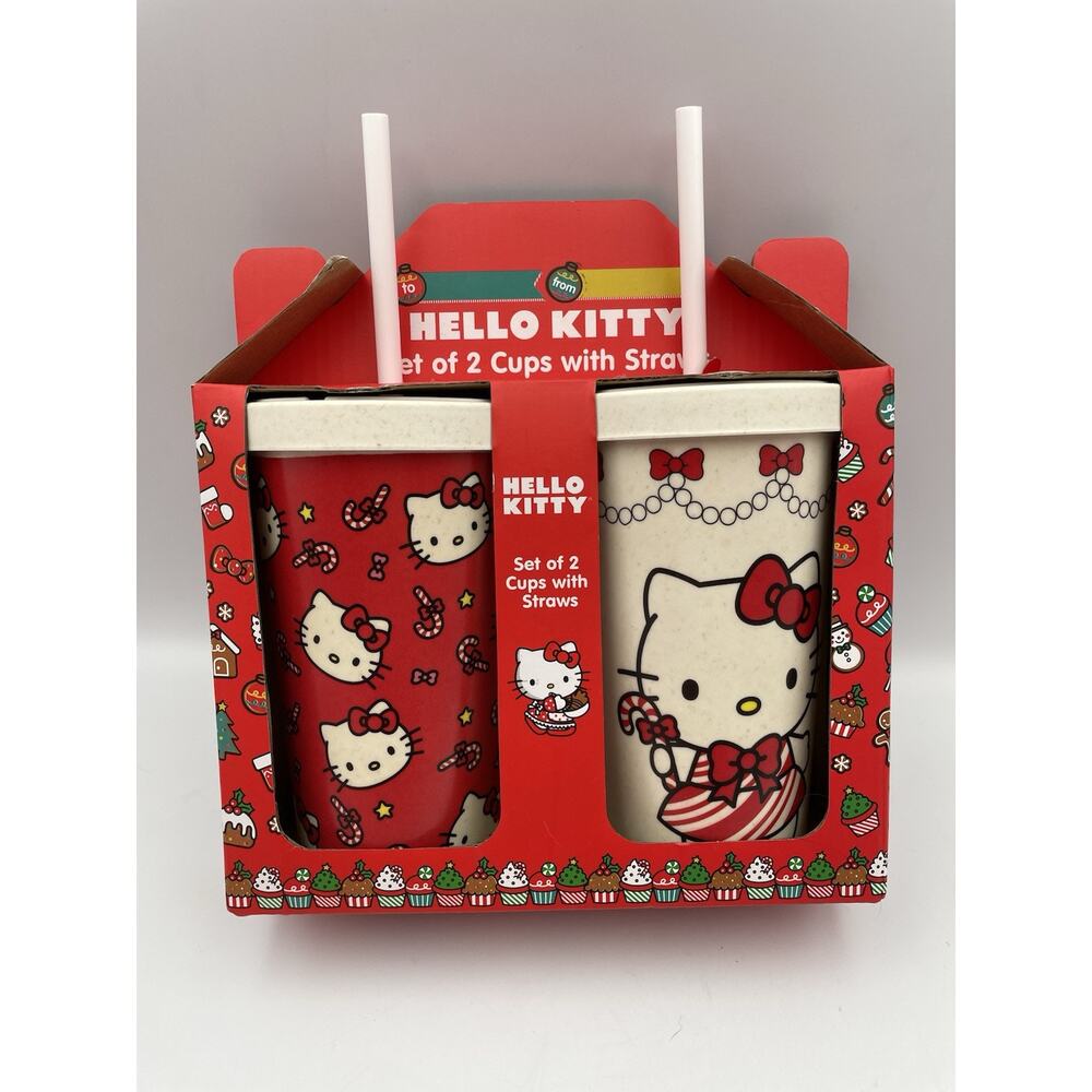 NEW Hello Kitty Christmas Tumbler Set with Straws, X-mas Tree & Candy Cane